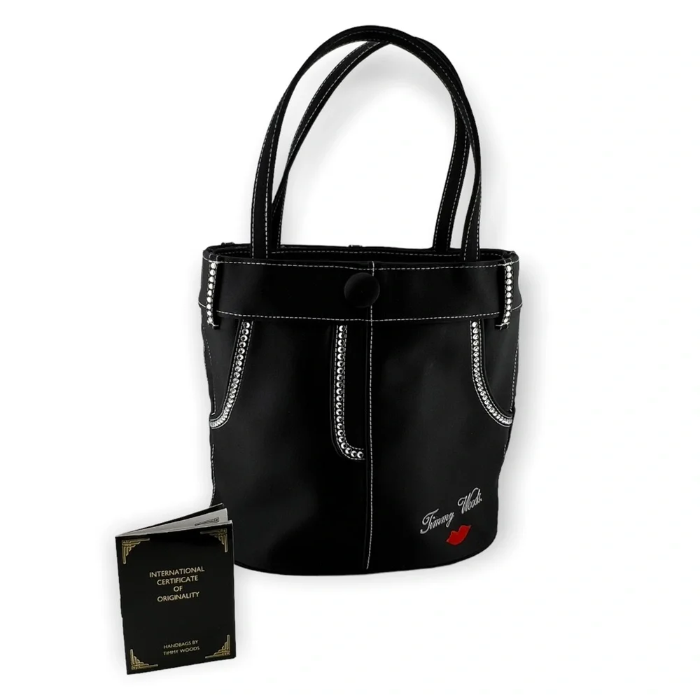 Timmy Woods Jeans with Stones Black Satin Rhinestone Pants Purse Handbag Tote